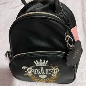 NWT JUICY BLACK FAUX LEATHER SMALL/MEDIUM BACKPACK  WITH JUICY ON THE FRONT